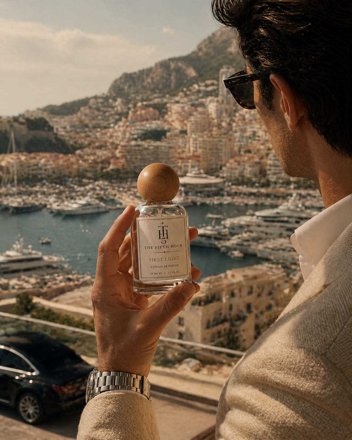 Man holding The Fifth Hour First Light over Monaco harbor